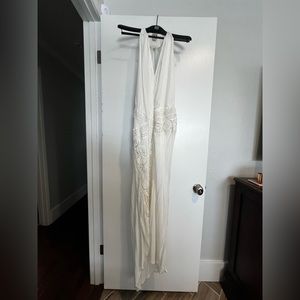 Haute Hippie Long White Halter Dress with Intricate Woven Detail and Low Back